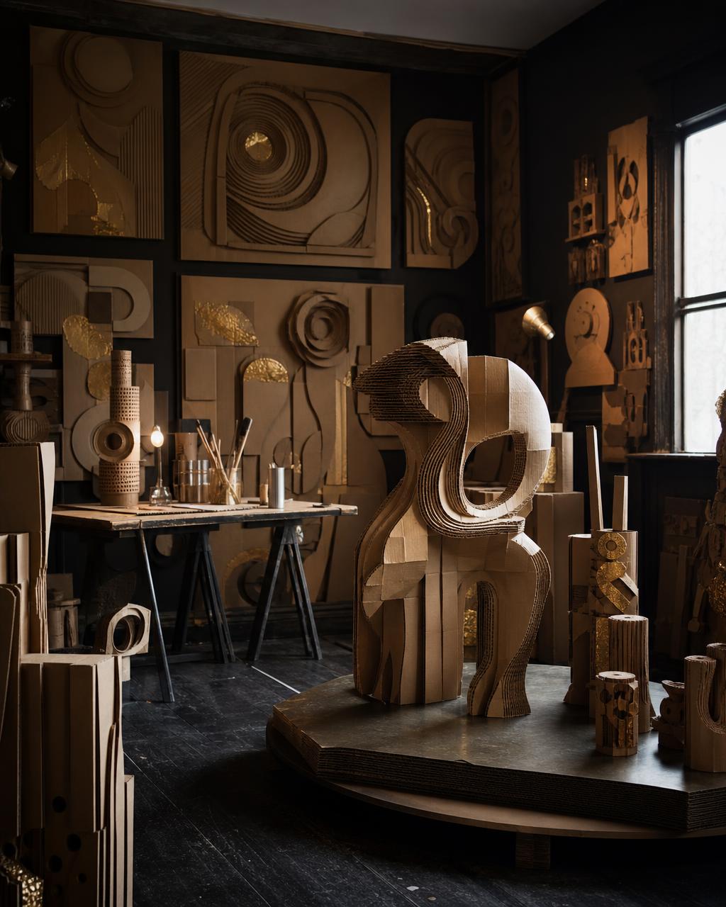ASH WREN's home studio in İzmir, where cardboard sculptures and relief works fill the walls